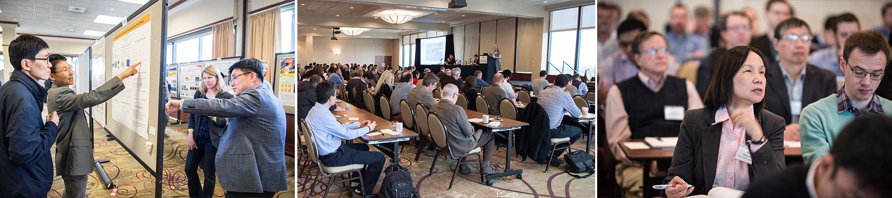 A collage of three images. The one on the left shows four people reviewing a poster presentation. The middle one shows a roomful of attendees listening to an oral presentation. The one on the right shows ten people listening to an oral presentation.